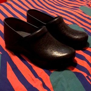 Dansko Leather Black Floral Clogs
